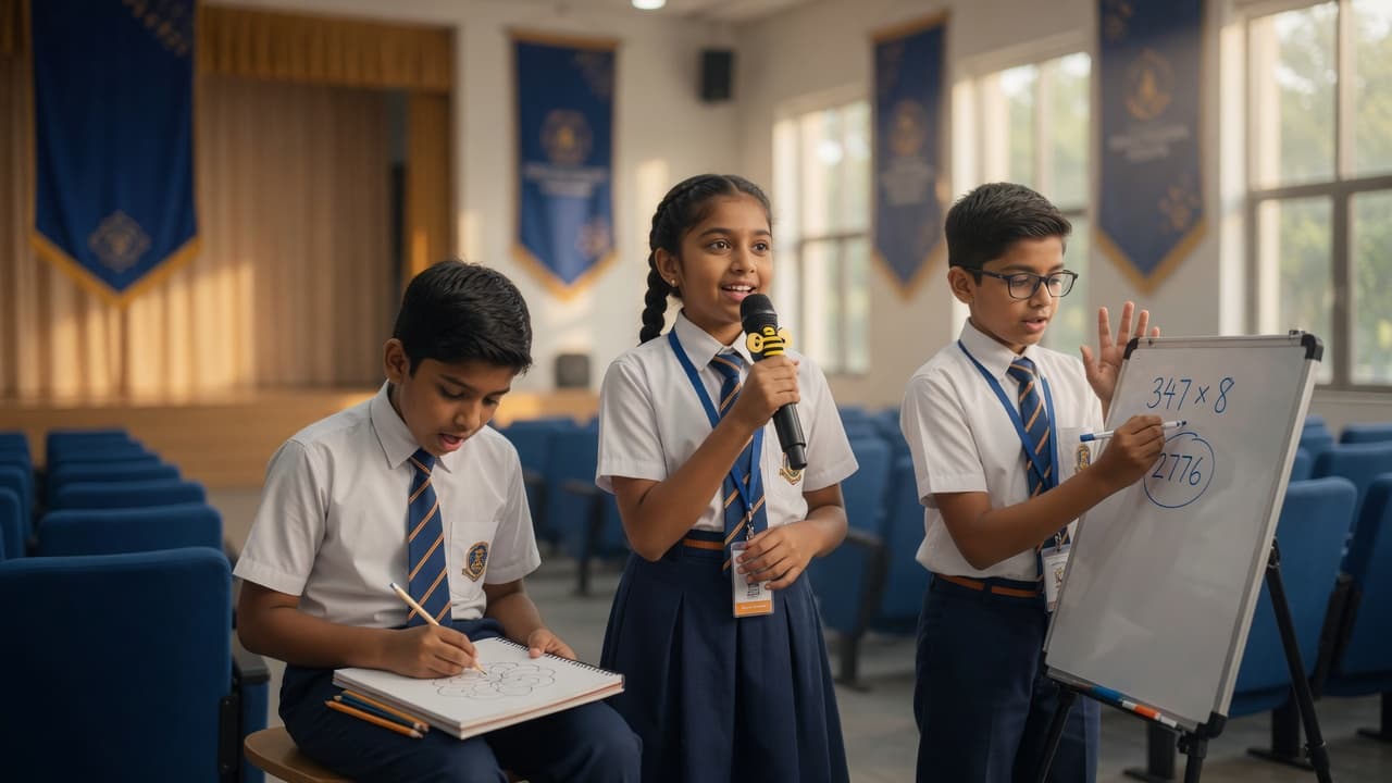 Students competing in spelling, art, and mental math at a national academic event